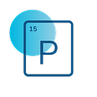 An icon of the phosphorus elemental symbol, with a transparent blue circle in the top corner