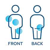 Two side-by-side outlines showing the front and back of a person, with transparent blue circles on the injection sites.