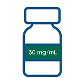 Illustration of a pill bottle coloured green. The label reads 30 mg/mL