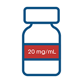 Illustration of a pill bottle coloured red. The label reads 20 mg/mL
